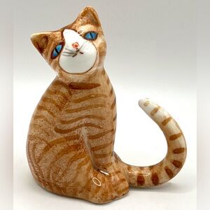 Vintage Hand Painted Bone China Orange Striped Tabby Cat Blue Eyes Figurine 3 in